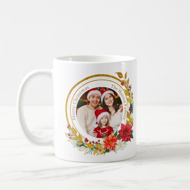 Taza De Café Christmas Photo - Gold Glitter Wreath Family (Izquierda)