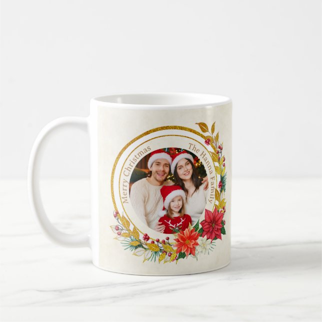 Taza De Café Christmas Photo - Gold Glitter Wreath Family (Izquierda)