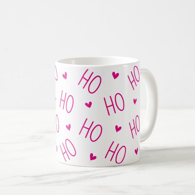 Taza De Café Christmas Pink and White Coffee Mug Ho Ho Ho Heart (Anverso derecho)