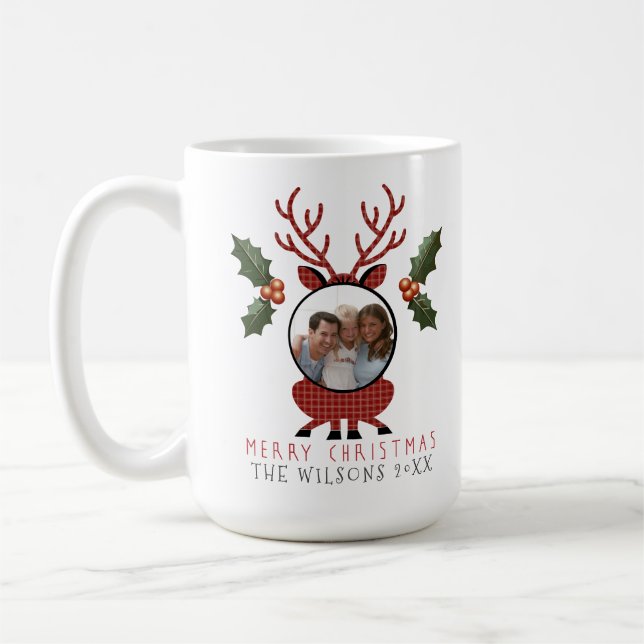 Taza De Café Christmas Plaid Reindeer with Personalized Photo (Izquierda)
