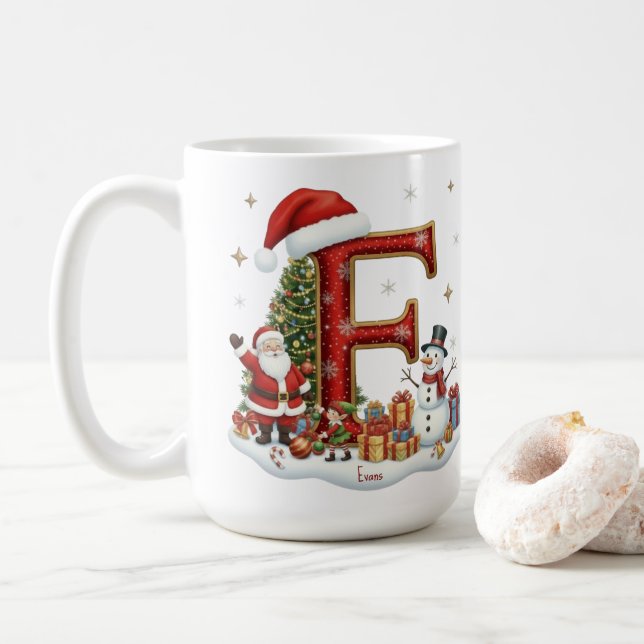Taza De Café Christmas Santa Claus Elf Penguin Alphabet E (Con donut)