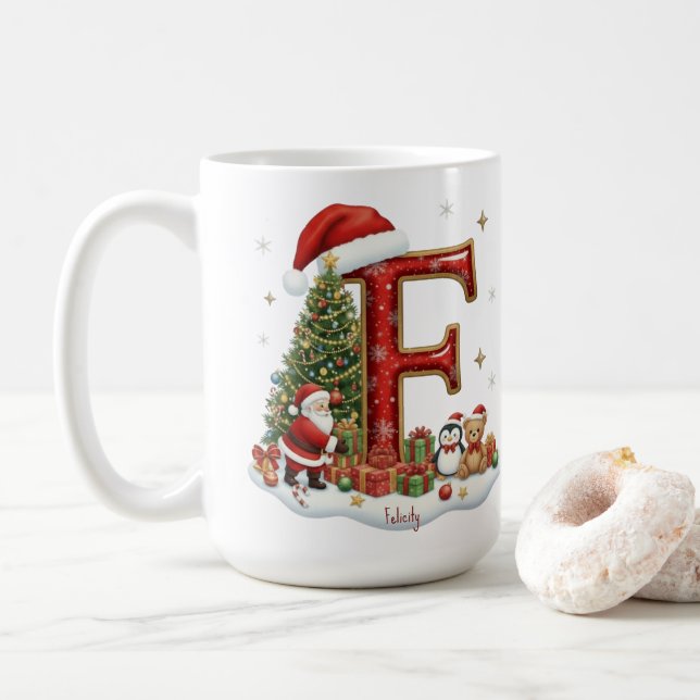 Taza De Café Christmas Santa Claus Elf Penguin Alphabet F (Con donut)