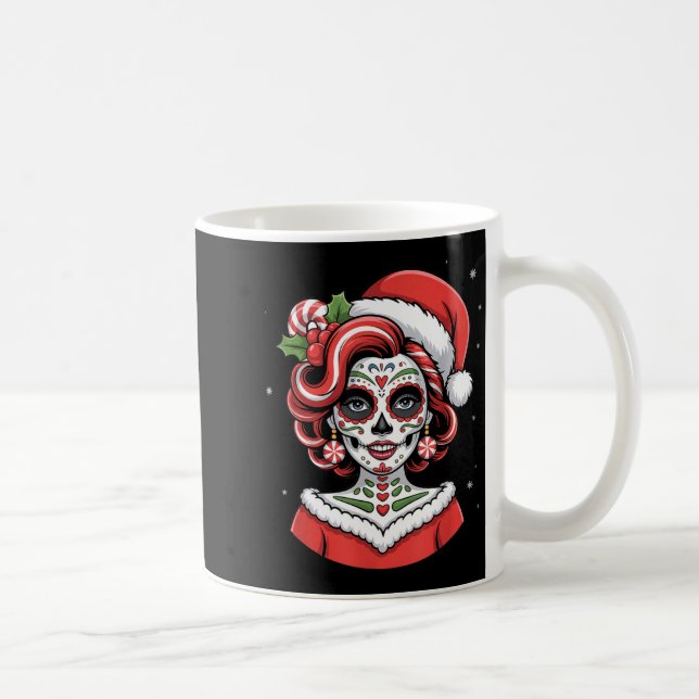 Taza De Café Christmas Sugar Skull Art Woman Santa Hat Festive  (Derecha)