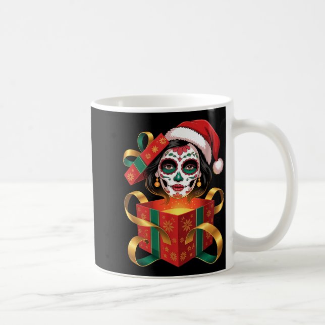 Taza De Café Christmas Sugar Skull Art Woman Santa Hat Festive  (Derecha)