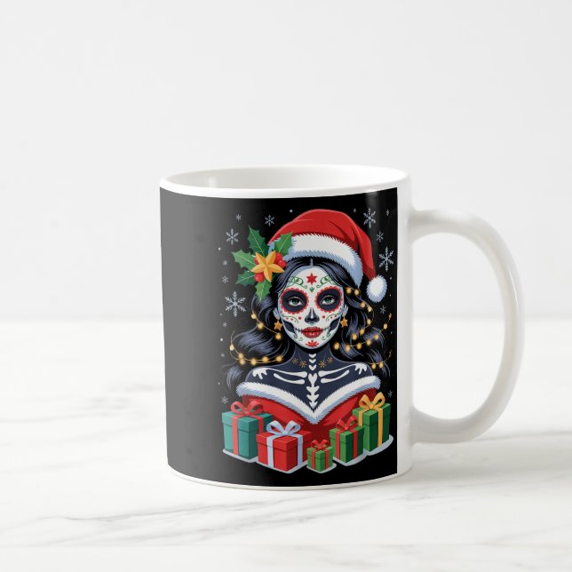 Taza De Café Christmas Sugar Skull Art Woman Santa Hat Festive  (Derecha)