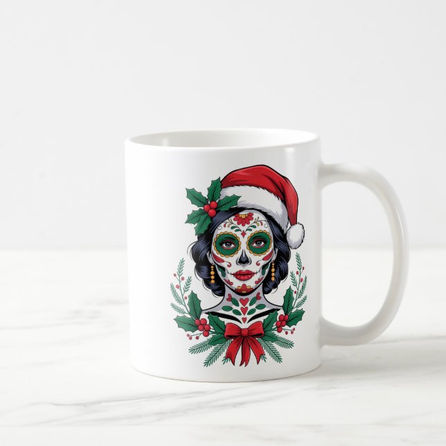 Taza De Café Christmas Sugar Skull Art Woman Santa Hat Festive  (Derecha)
