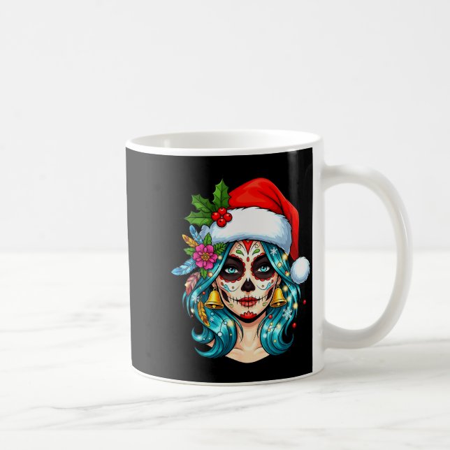Taza De Café Christmas Sugar Skull Art Woman Santa Hat Festive  (Derecha)