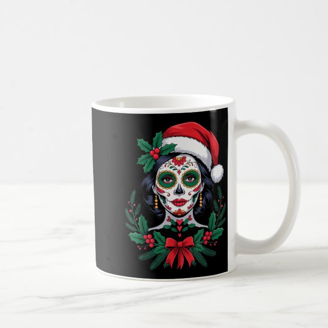 Taza De Café Christmas Sugar Skull Art Woman Santa Hat Festive  (Derecha)