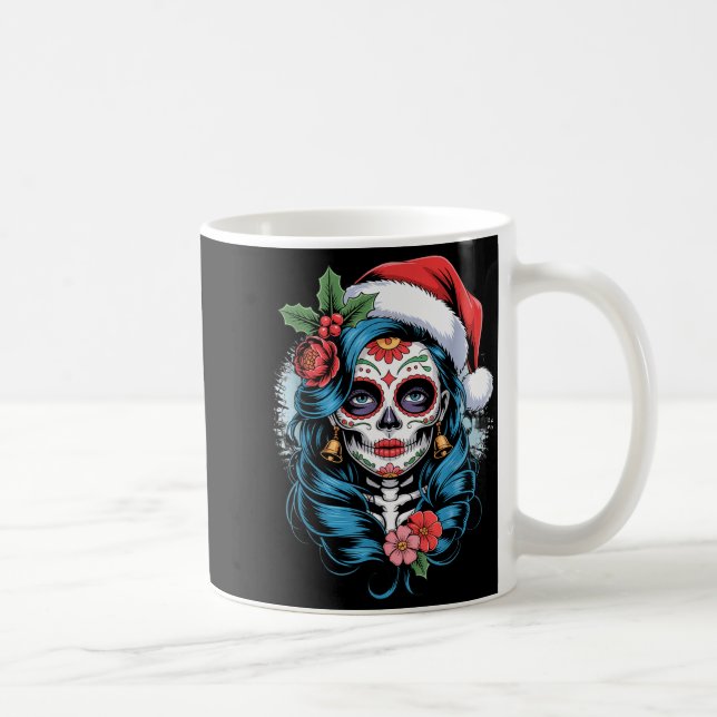 Taza De Café Christmas Sugar Skull Art Woman Santa Hat Festive  (Derecha)