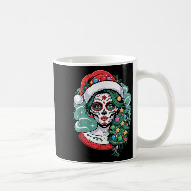 Taza De Café Christmas Sugar Skull Art Woman Santa Hat Festive  (Derecha)