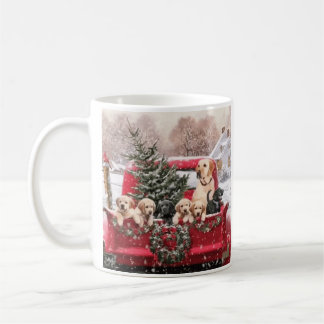 Taza De Café Christmas Vintage Red Truck With Puppies Dogs
