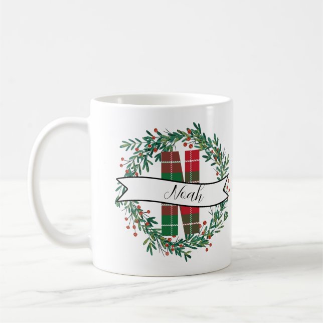 Taza De Café Christmas Wreath with Lights – Personalized Name D (Izquierda)