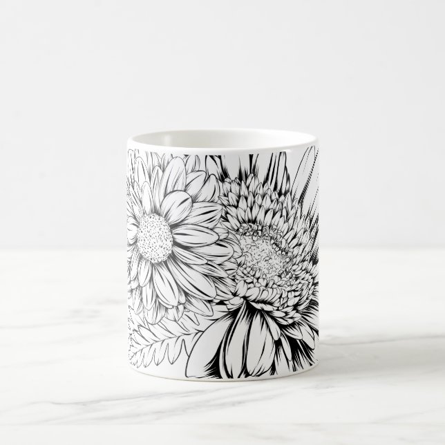 Taza De Café Chrysanthemum Black Line Drawing with Your Name  (Centro)