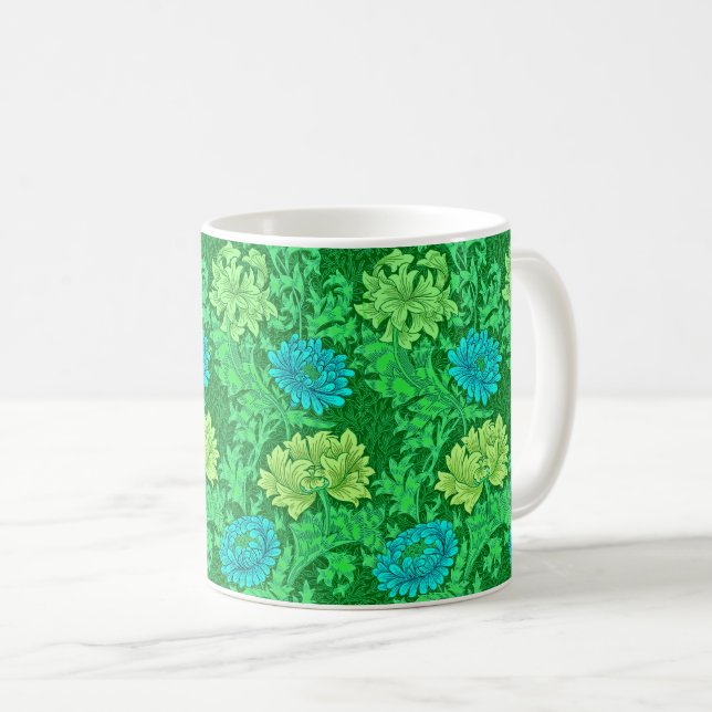 Taza De Café Chrysanthemums de William Morris, Lime Green y Aqu (Anverso derecho)