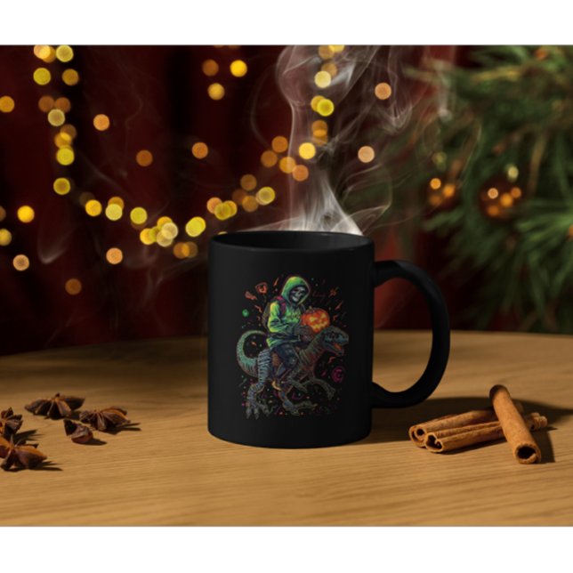 Taza De Café Ciberneón Skeleton Riding Robo Dino - Halloween (Subido por el creador)