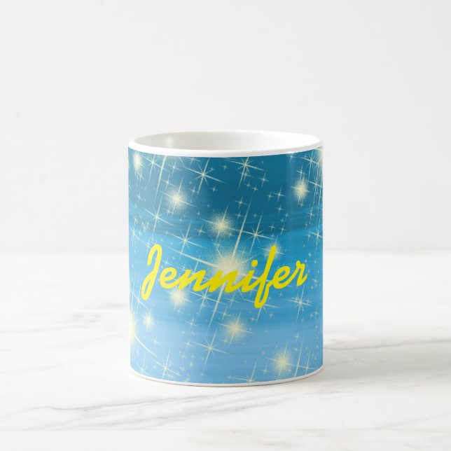 Taza De Café Cielo azul estrellas brillantes nombre amarillo (Centro)