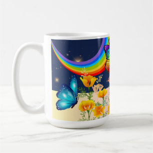 Taza De Café Cielo nocturno, arcoiris, mariposas y flores