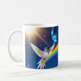 Taza De Café Cielo nocturno, dos pájaros, mariposas y arcoiris