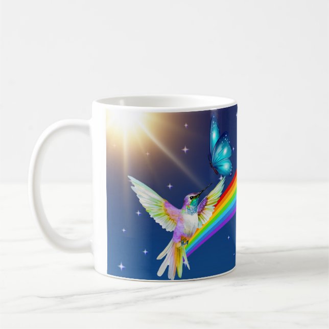Taza De Café Cielo nocturno, dos pájaros, mariposas y arcoiris (Izquierda)