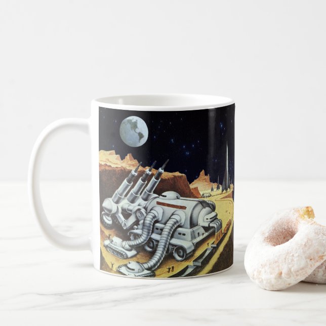 Taza De Café Ciencia ficción vintage, estación espacial en la l (Con donut)