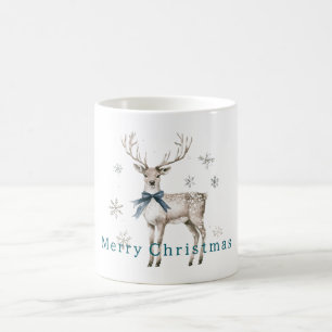 Taza De Café Ciervo Arco Azul Copos de Nieve Navidad