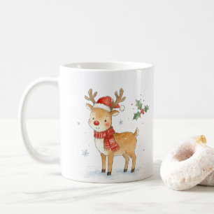 Taza De Café Ciervo con Nariz Roja y Bufanda para Navidad