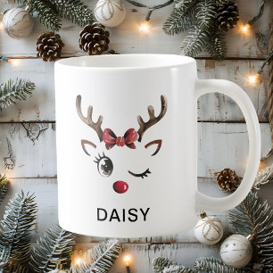 Taza De Café Ciervo de Navidad con Lazo Rojo Guiñando Nombre Pe