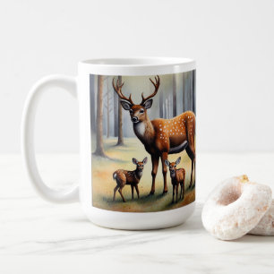 Taza De Café Ciervo y crías en el bosque, animales salvajes