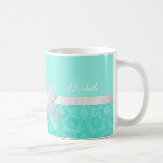 Taza De Café Cinta blanca Girly Aqua Turquoise Damask Con Nombr (Derecha)