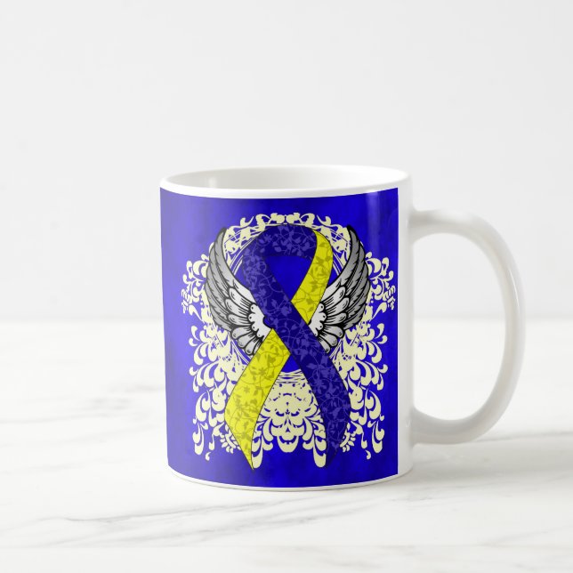 Taza De Café Cinta de conciencia azul y amarilla con alas (Derecha)