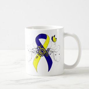 Taza De Café Cinta de conciencia azul y amarilla con mariposa