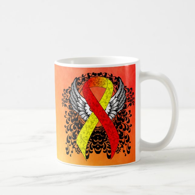 Taza De Café Cinta de conciencia roja y amarilla con alas (Derecha)