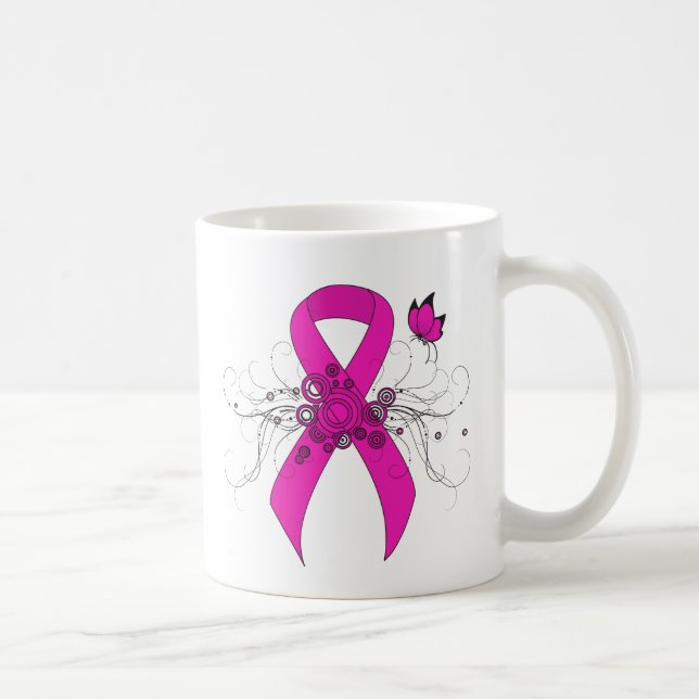 Taza De Café Cinta de sensibilización rosada con mariposa (Derecha)