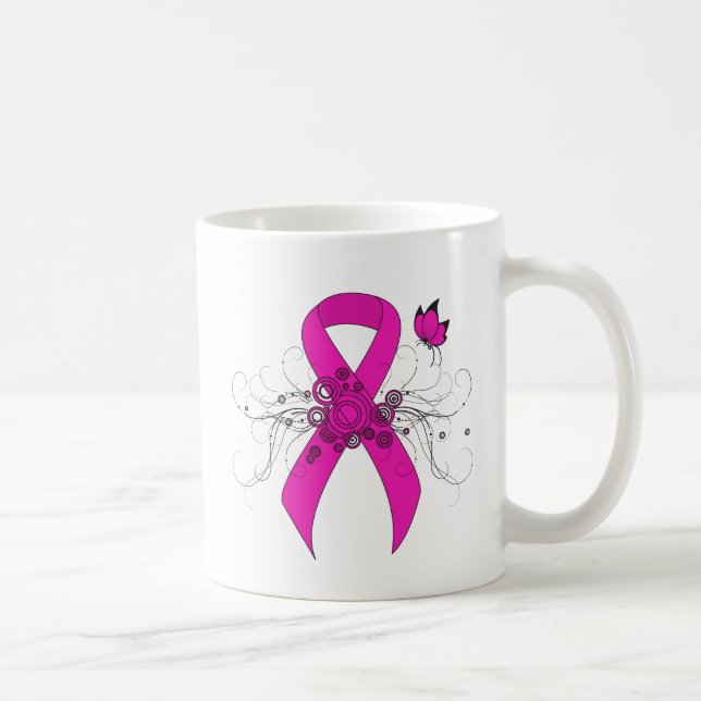 Taza De Café Cinta de sensibilización rosada con mariposa (Derecha)