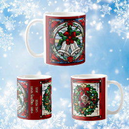 Taza De Café Cinta roja de campanas plateadas Faux Stained Glas