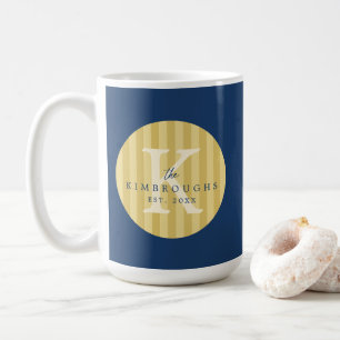 Taza De Café Círculo de rayas azules y amarillas con monograma