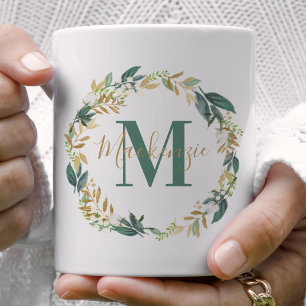 Taza De Café Círculo Floral Verde Dorado Monograma