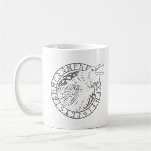 Taza De Café Círculo Rúnico Vikingo Cuervo de Odín Huginn Munin