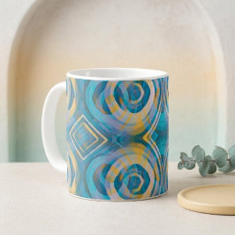 Taza De Café Círculos y diamantes de batik turquesa y amarillo