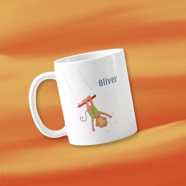 Taza De Café Circus Monkey Acrobat Kid Personalized Mug (Circus cartoon monkey on a trapeze kid cocoa mug with name .)
