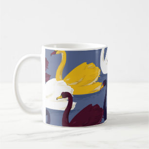 Taza De Café cisnes dibujados a mano, patrón de lago azul.
