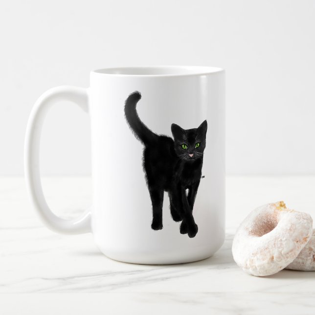 Taza De Café Cita de gato negro con ojos verdes (Con donut)
