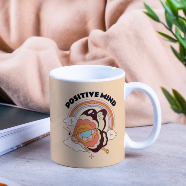 Taza De Café Cita de mente positiva Boho mariposa Rainbow Retro (Subido por el creador)