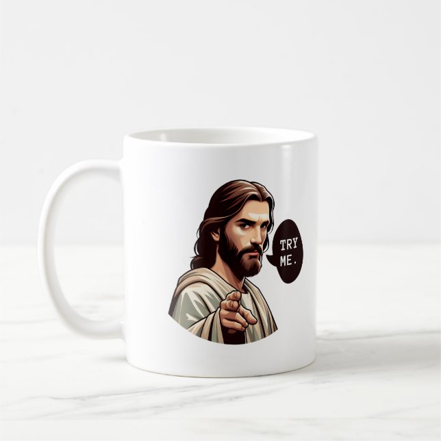 Taza De Café Cita divertida LOL Jesus Meme Try Me (Izquierda)