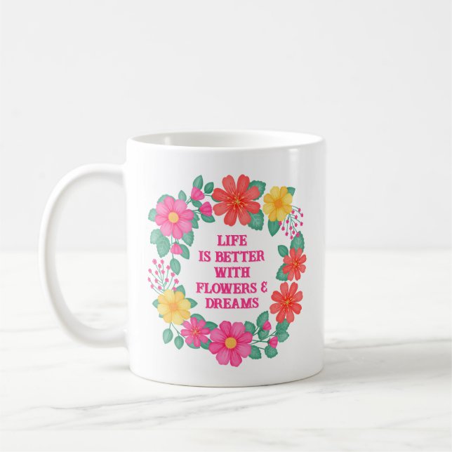 Taza De Café Cita motivacional Inspiración floral Naranja rosad (Izquierda)