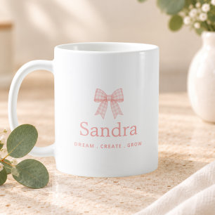 Taza De Café Cita positiva del nombre del lazo de gingham rosa