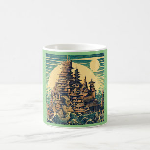 Taza De Café Ciudad de Atlantis 4 - Estilo Woodblock