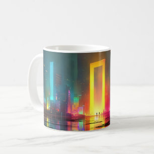 Taza De Café Ciudad futurista con portal de neón radiante