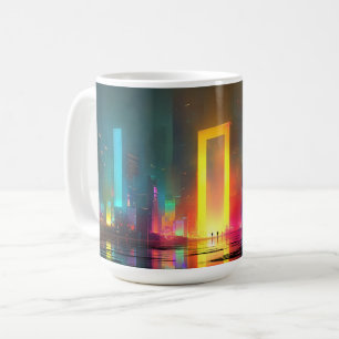Taza De Café Ciudad futurista con portal de neón radiante