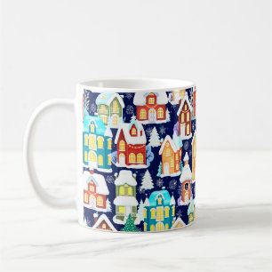 Taza De Café Ciudad invernal con casas victorianas. Tema de nav